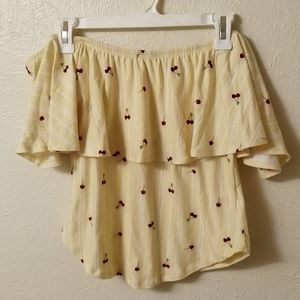 Stella Tweed Large off shoulder yellow cherry ruffle top